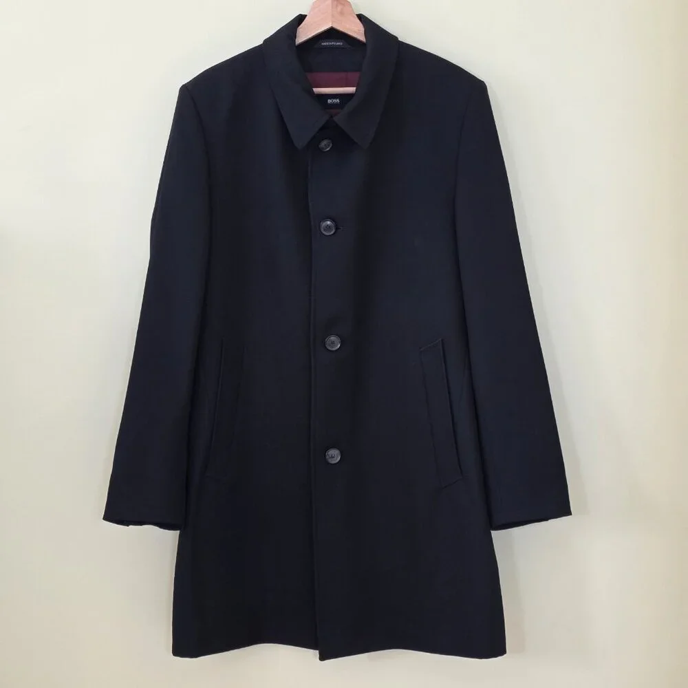 Hugo Boss The Task Wool Overcoat Men US 38R Black Lined Minimalist Office Grunge